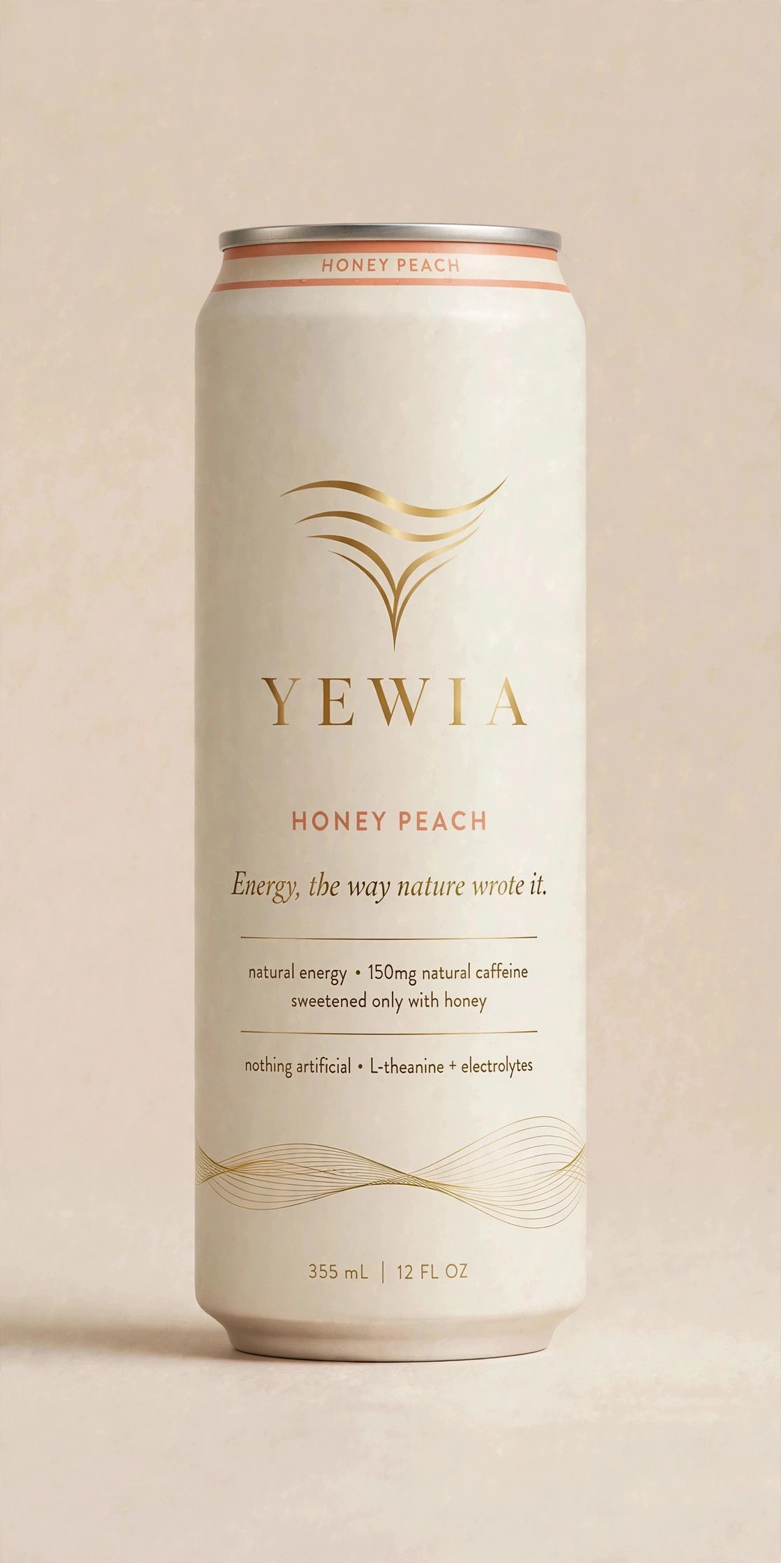 Yewia Honey Peach can — tall slim cream can with peach band at the rim and gold YEWIA wordmark